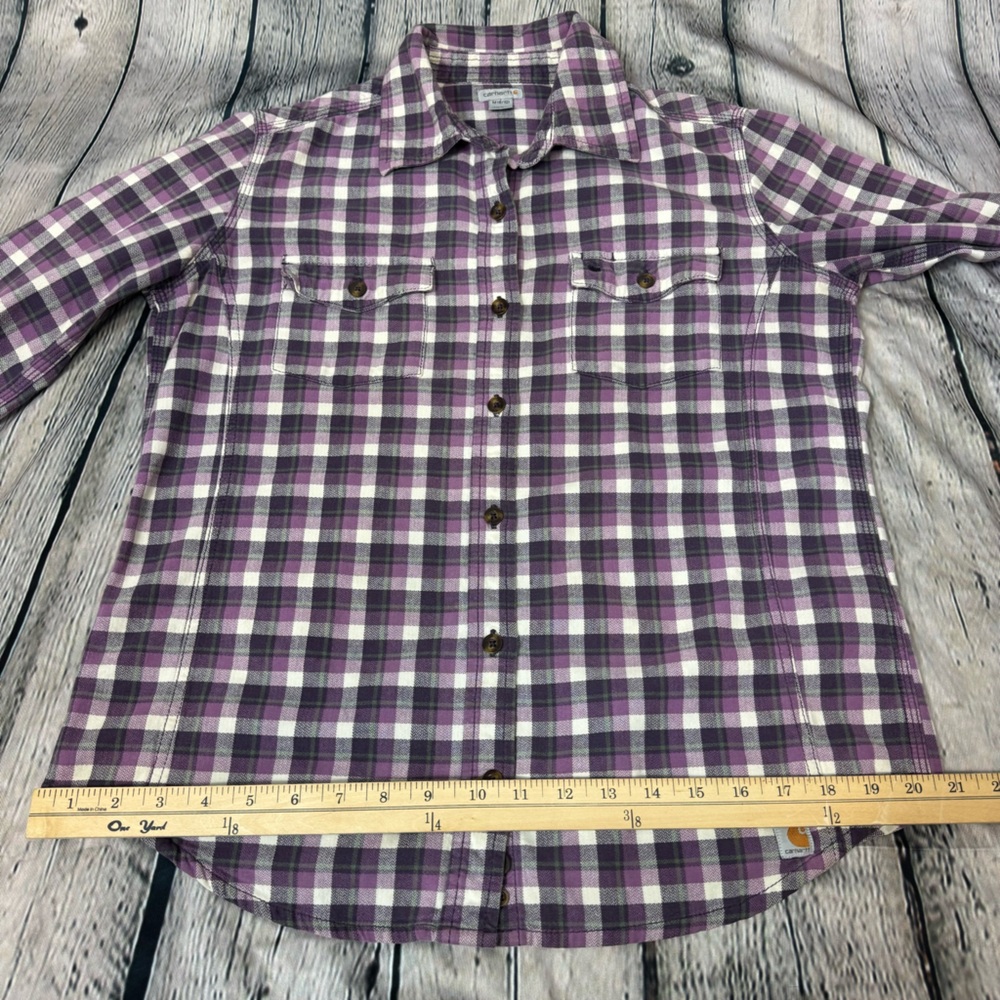 Women’s Carhartt Flannel Purple Grey Button Down Size Medium Workwear Outdoorsy - Picture 7 of 11